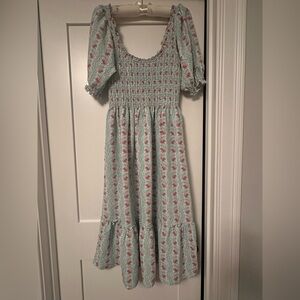 Hill House Seafoam Green Puff Sleeve Midi Dress with Pink Floral Print, Sz S